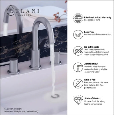 St. Lucia - Widespread Bathroom Faucet with drain assembly in Brushed Nickel