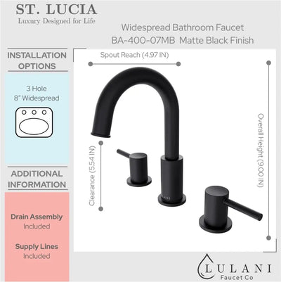 St. Lucia 2 Handle 3 Hole Widespread Brass Bathroom Faucet with drain assembly in Matte Black finish