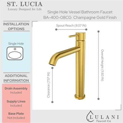 St. Lucia - Vessel Height Bathroom Faucet with drain assembly in Champagne Gold