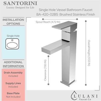 Santorini - Stainless Steel Vessel Bathroom Faucet with drain assembly in Brushed Stainless finish