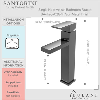 Santorini - Stainless Steel Vessel Bathroom Faucet with drain assembly in Gun Metal finish