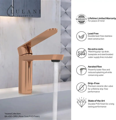 Yasawa - Single Hole Stainless Steel Bathroom Faucet with drain assembly in Rose Gold finish
