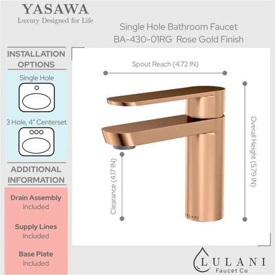 Yasawa - Single Hole Stainless Steel Bathroom Faucet with drain assembly in Rose Gold finish