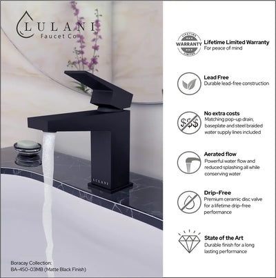 Boracay 1 Handle Single Hole Brass Bathroom Faucet with drain assembly in Matte Black finish