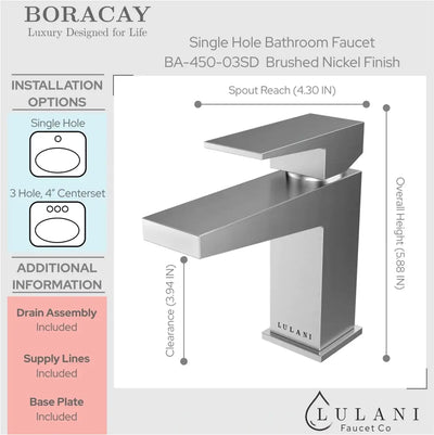 Boracay 1 Handle Single Hole Brass Bathroom Faucet with drain assembly in Brushed Nickel finish