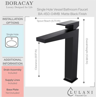 Boracay 1 Handle Vessel Sink Brass Bathroom Faucet with drain assembly in Matte Black finish