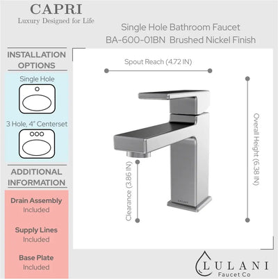Capri 1 Handle Single Hole Brass Bathroom Faucet with drain assembly in Brushed Nickel finish