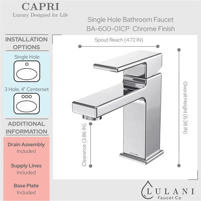 Capri 1 Handle Single Hole Brass Bathroom Faucet with drain assembly in Chrome finish