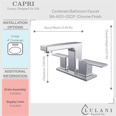 Capri 2 Handle 3 Hole Centerset Brass Bathroom Faucet with drain assembly in Chrome finish