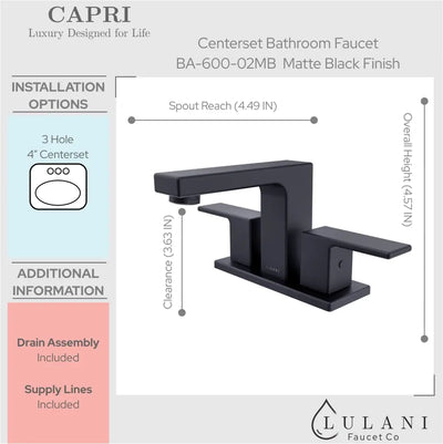 Capri -Centerset Bathroom Faucet with drain assembly Matte Black