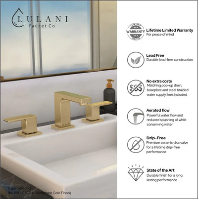 Capri - Widespread Bathroom Faucet with drain assembly Champagne Gold