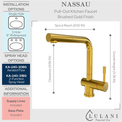 Nassau - Stainless Steel Pull-Out Kitchen Faucet (Aerated spray head) Brushed Gold