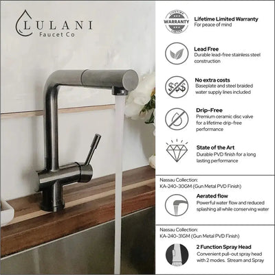Nassau - Stainless Steel Pull-Out Kitchen Faucet (2 function Spray Head) Gun Metal