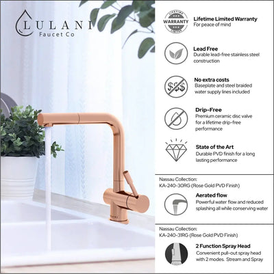 Nassau Stainless Steel 1 Handle Pull-Out Swivel Kitchen Faucet with PVD Finish Includes Baseplate in Rose Gold finish