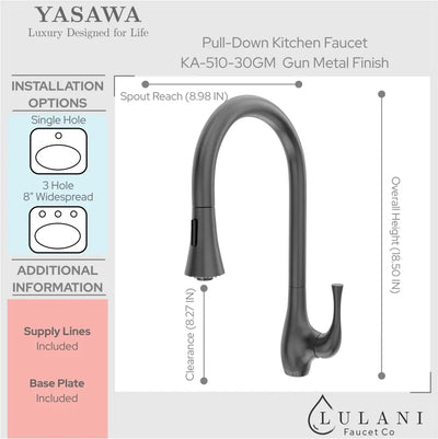 Yasawa Stainless Steel 1 Handle Pull-Down Swivel Kitchen Faucet Includes Baseplate in Gun Metal finish